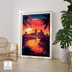 Miami Travel Print showcasing a vibrant sunset over Miami's skyline, perfect for adding warmth to any space.