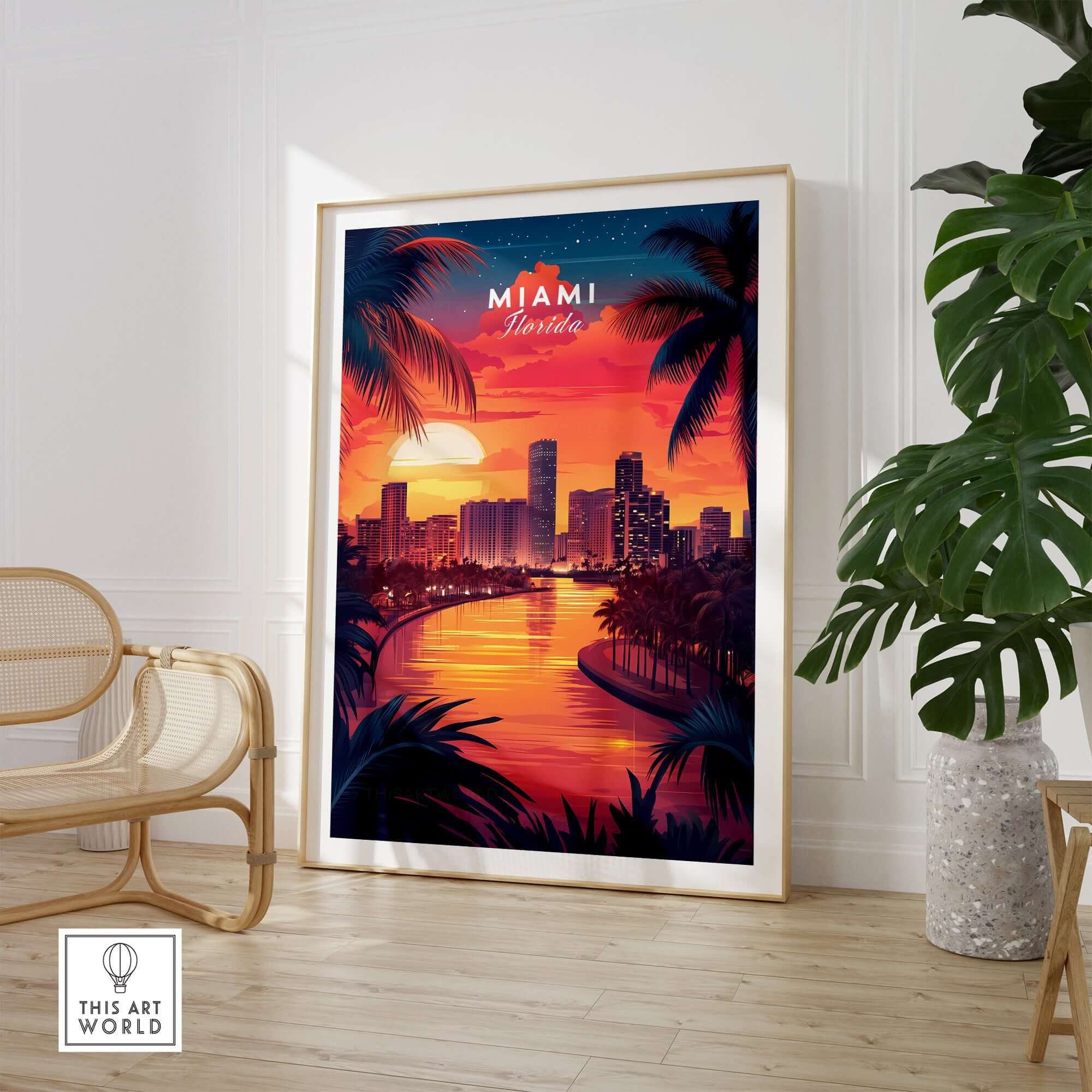Miami Travel Print showcasing a vibrant sunset over Miami's skyline, perfect for adding warmth to any space.