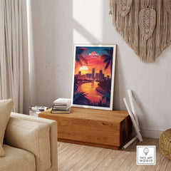 Miami Travel Print showcasing a vibrant sunset and city skyline, perfect for brightening any room with Miami-inspired decor.