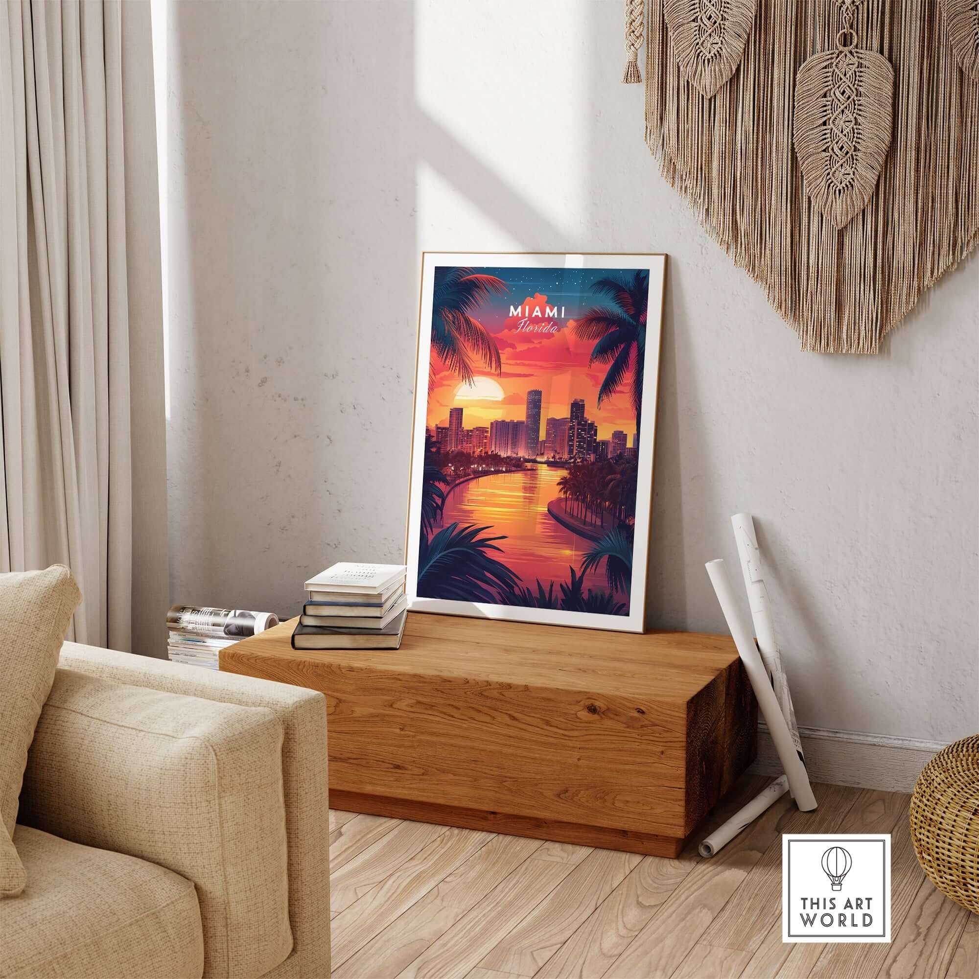 Miami Travel Print showcasing a vibrant sunset and city skyline, perfect for brightening any room with Miami-inspired decor.