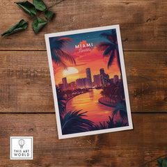 Miami Travel Print featuring a vibrant sunset over the city skyline with palm trees in the foreground.