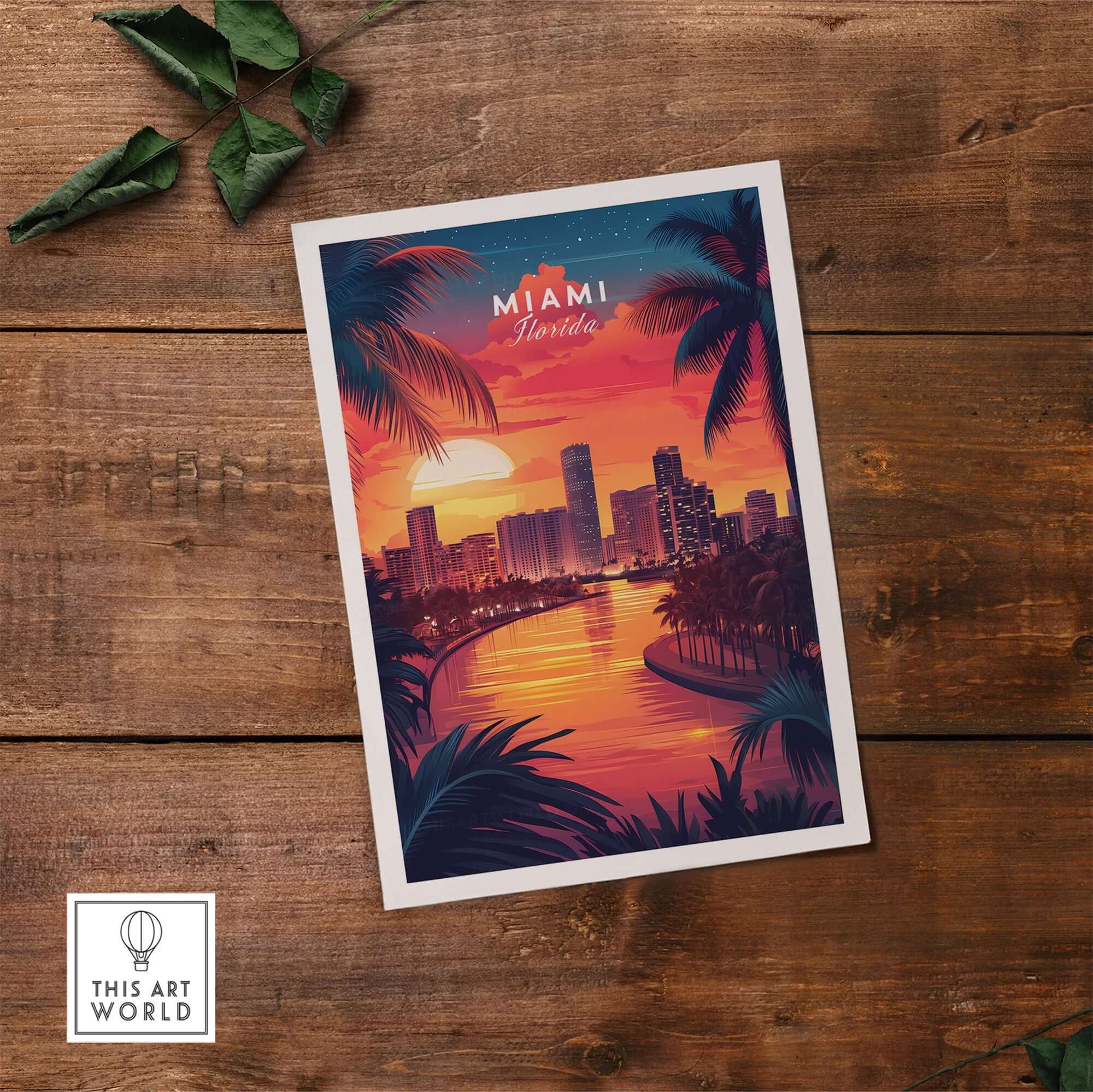 Miami Travel Print featuring a vibrant sunset over the city skyline with palm trees in the foreground.