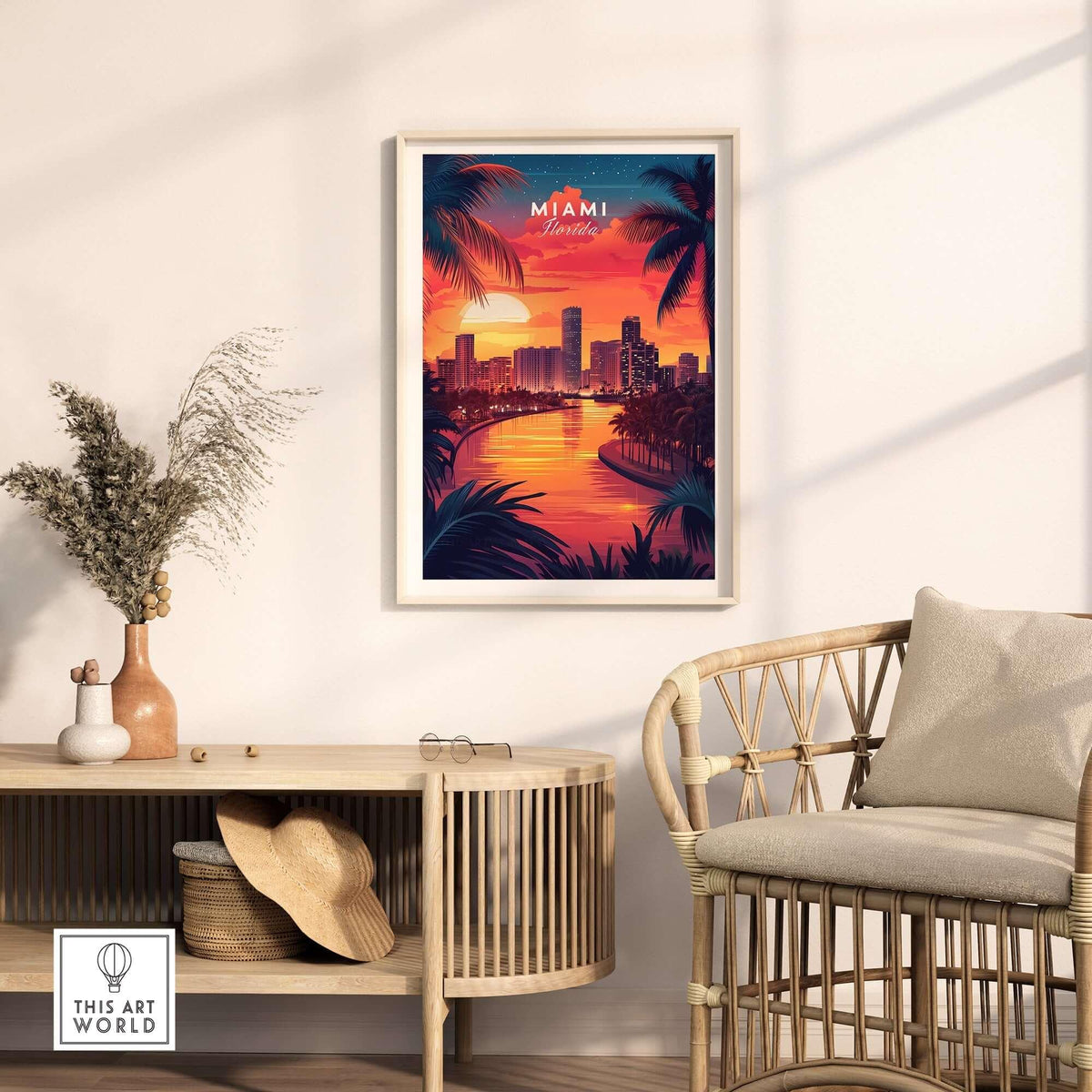 Miami Travel Print showcasing a vibrant sunset over Miami's skyline, perfect for adding warmth to any room.