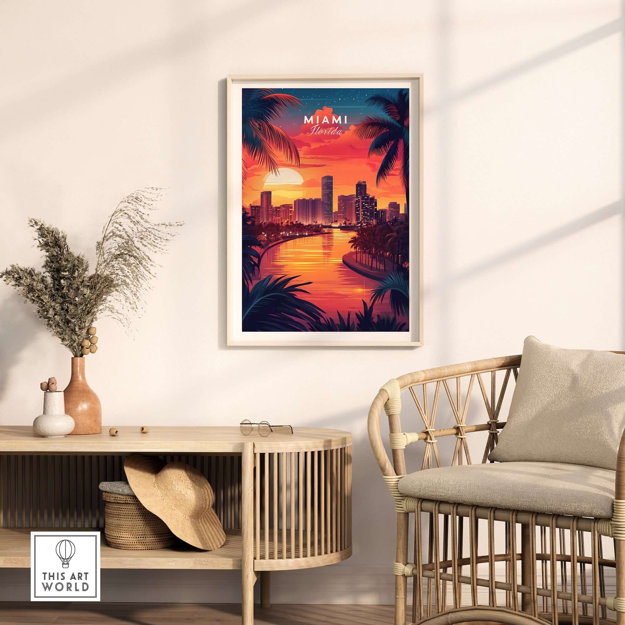Miami Travel Print showcasing a vibrant sunset over Miami's skyline, perfect for adding warmth to any room.
