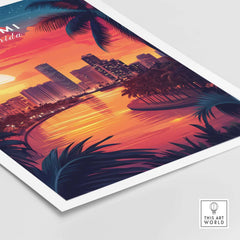 Miami Travel Print showcasing a beautiful sunset over Miami's skyline with palm trees in the foreground.