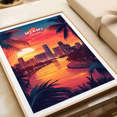 Miami Travel Print showcasing a vibrant sunset over Miami's skyline with palm trees and warm colors.
