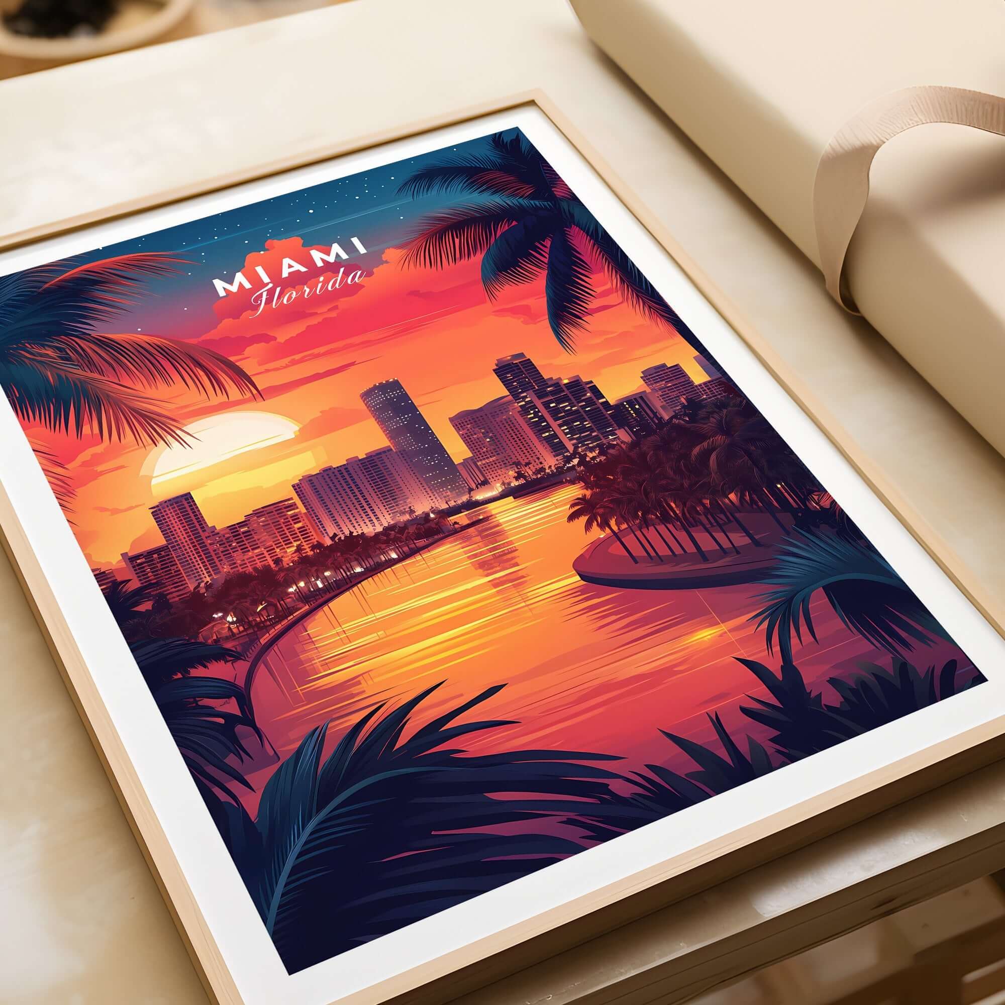 Miami Travel Print showcasing a vibrant sunset over Miami's skyline with palm trees and warm colors.