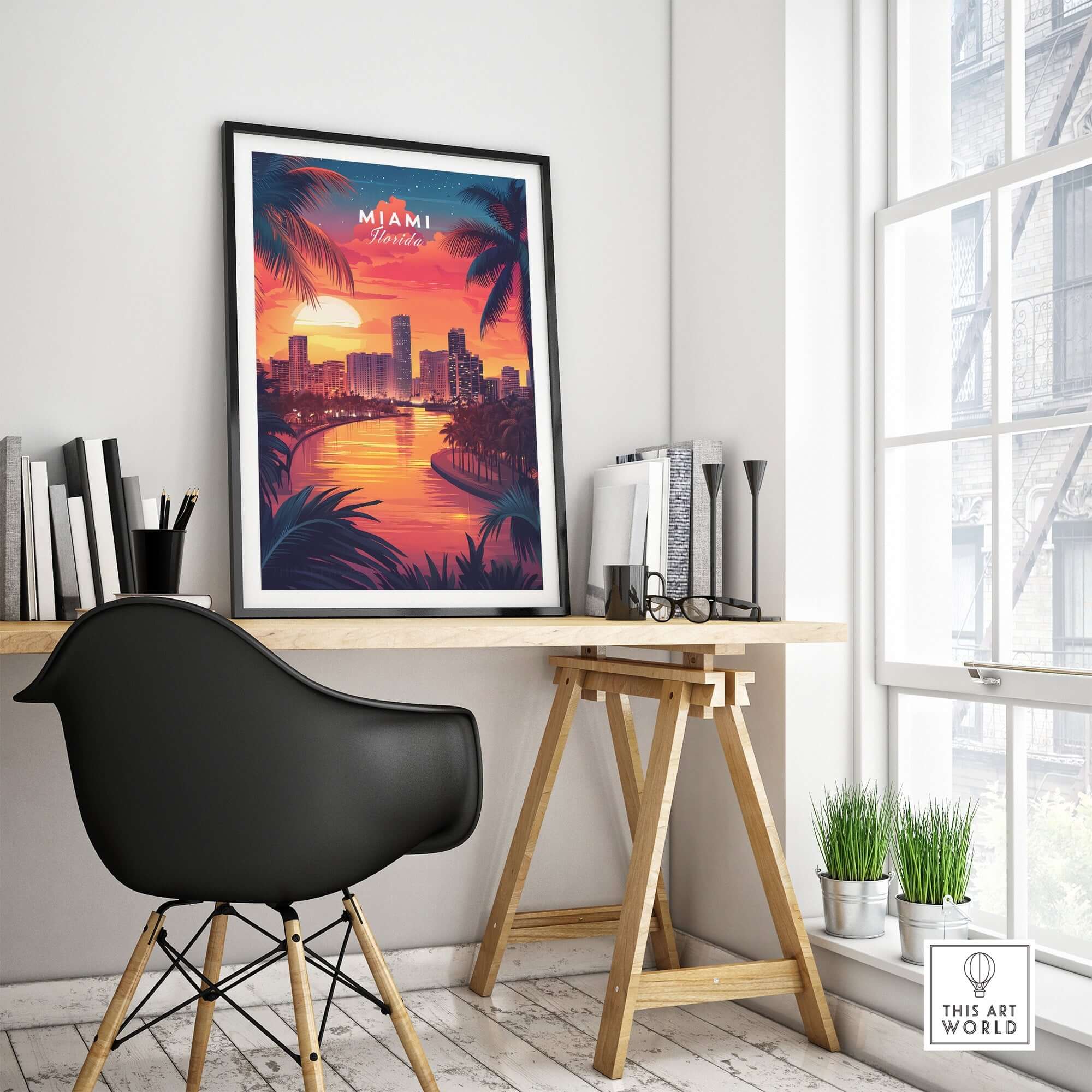 Miami Travel Print showcasing vibrant sunset and city skyline, perfect for adding warmth to any space.