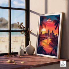 Miami Travel Print featuring a stunning sunset, vibrant colors, and a beach view from a cozy interior.