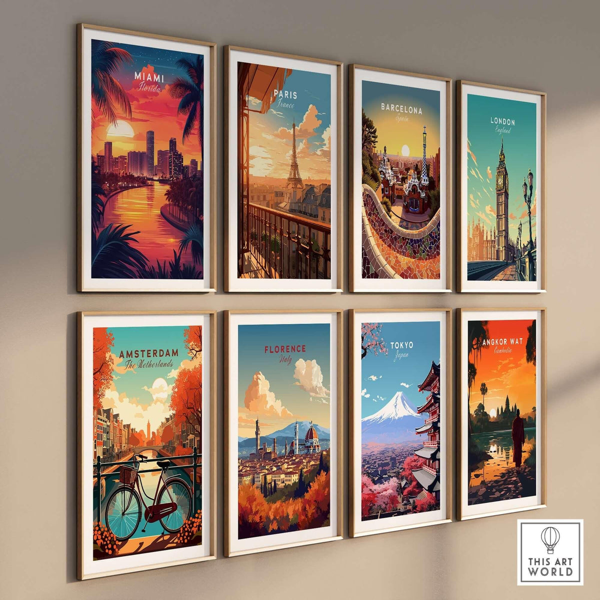 Miami Travel Print and other city travel prints framed on a wall, showcasing vibrant travel-themed artwork.