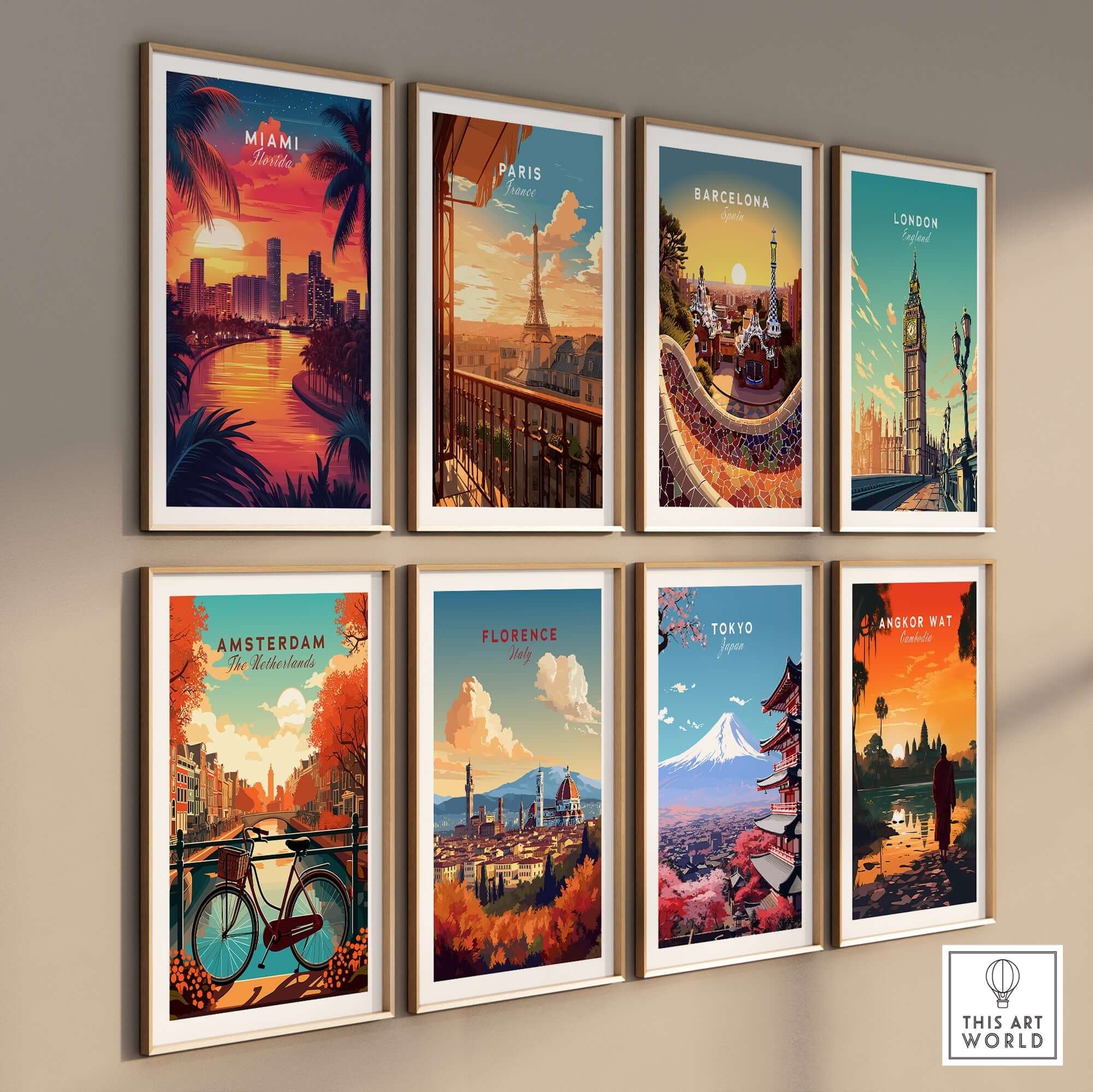 Miami Travel Print and other city travel prints framed on a wall, showcasing vibrant travel-themed artwork.