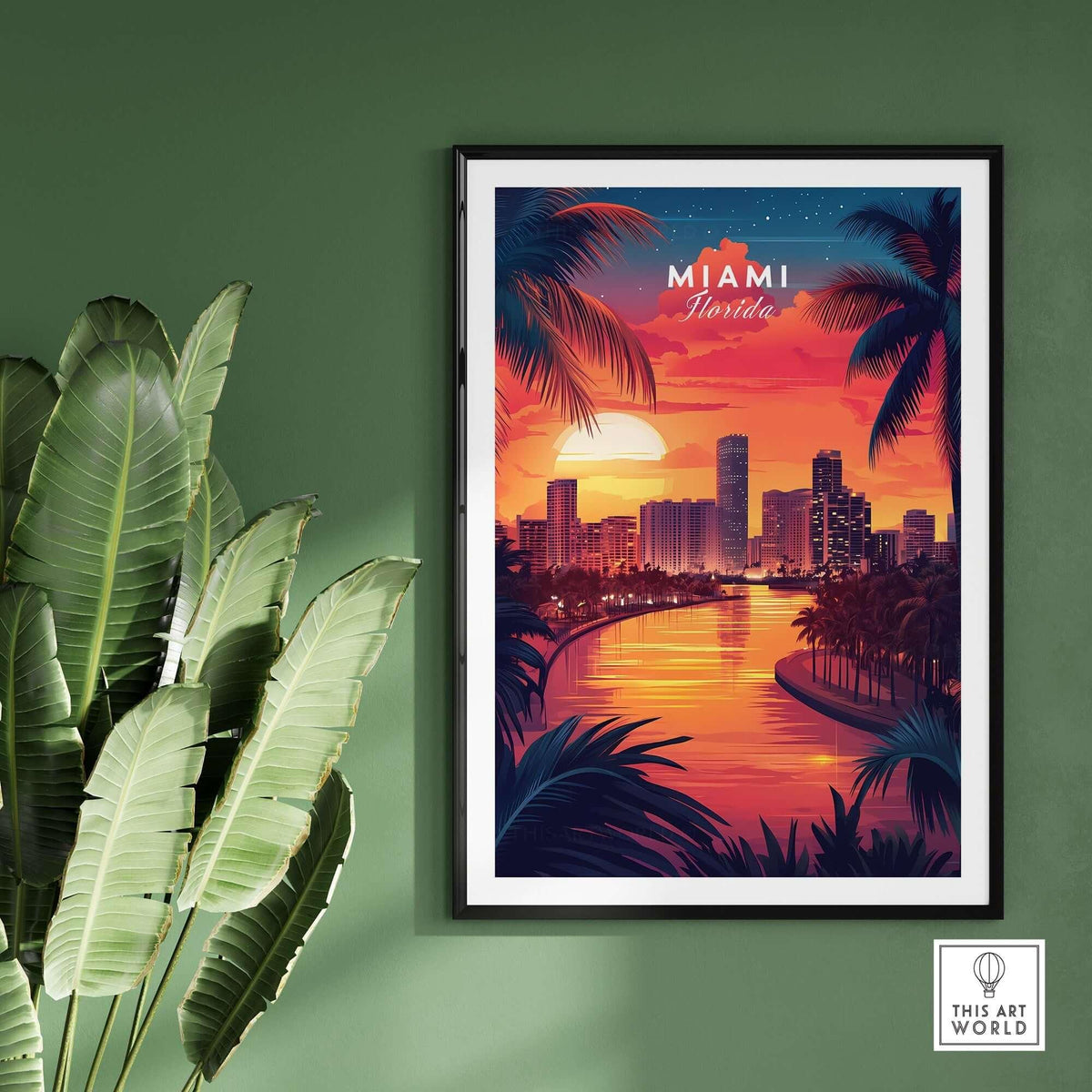 Miami Travel Print showcasing a vibrant sunset over Miami, Florida, with palm trees and city skyline.