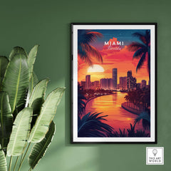 Miami Travel Print showcasing a vibrant sunset over Miami, Florida, with palm trees and city skyline.