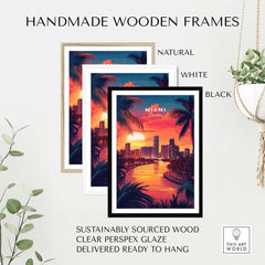 Miami Travel Print displayed in handmade wooden frames in natural, white, and black colors, featuring a vibrant Miami sunset.