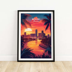 Miami Travel Print featuring a vibrant sunset over Miami's skyline and palm trees, perfect for adding a tropical touch to any room.