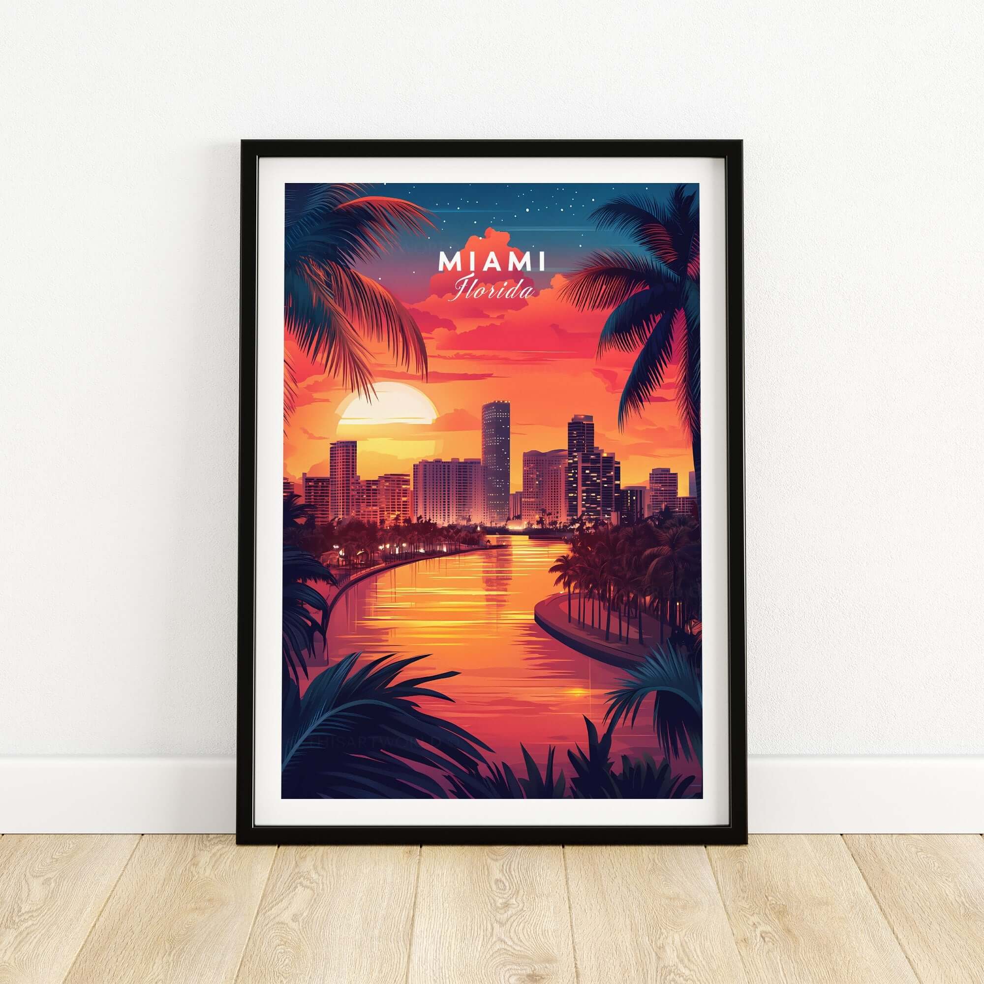 Miami Travel Print featuring a vibrant sunset over Miami's skyline and palm trees, perfect for adding a tropical touch to any room.