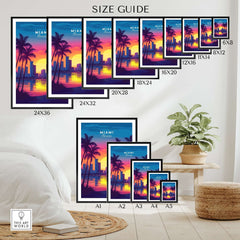 Miami Wall Art Florida size guide showing various frame sizes and vibrant design with sunset and palm trees.