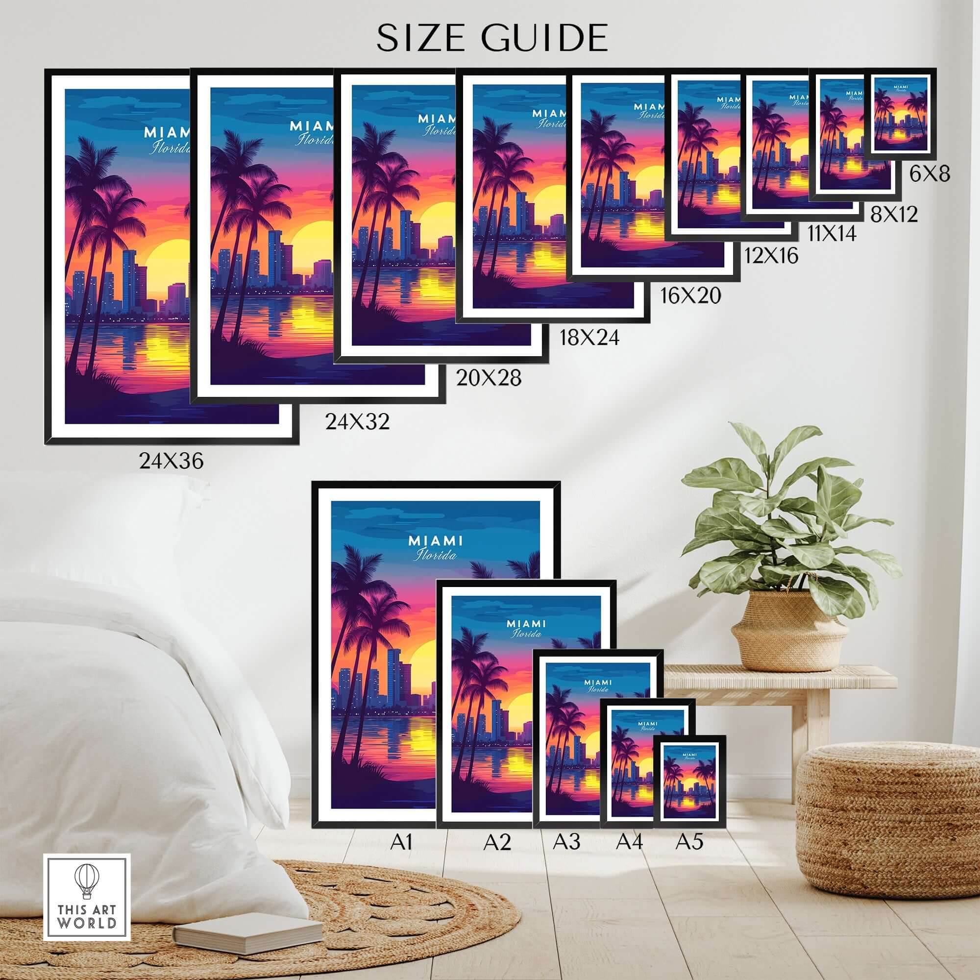 Miami Wall Art Florida size guide showing various frame sizes and vibrant design with sunset and palm trees.