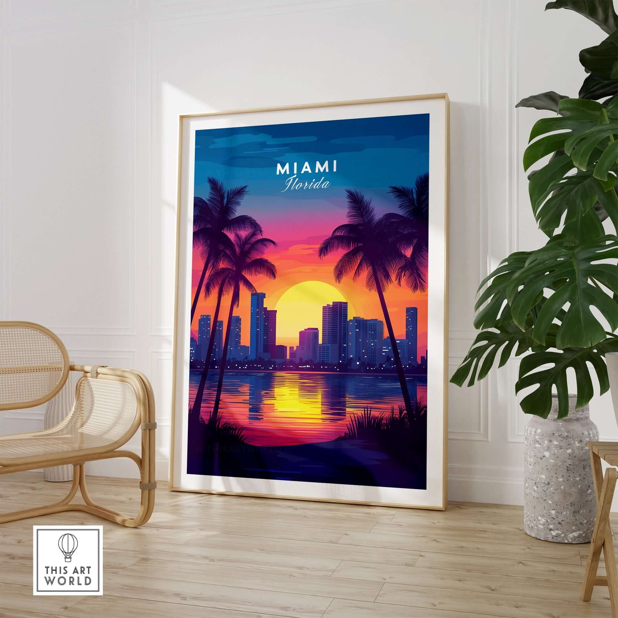 Miami Wall Art Florida featuring vibrant sunset and palm trees in an artistic cityscape decor.