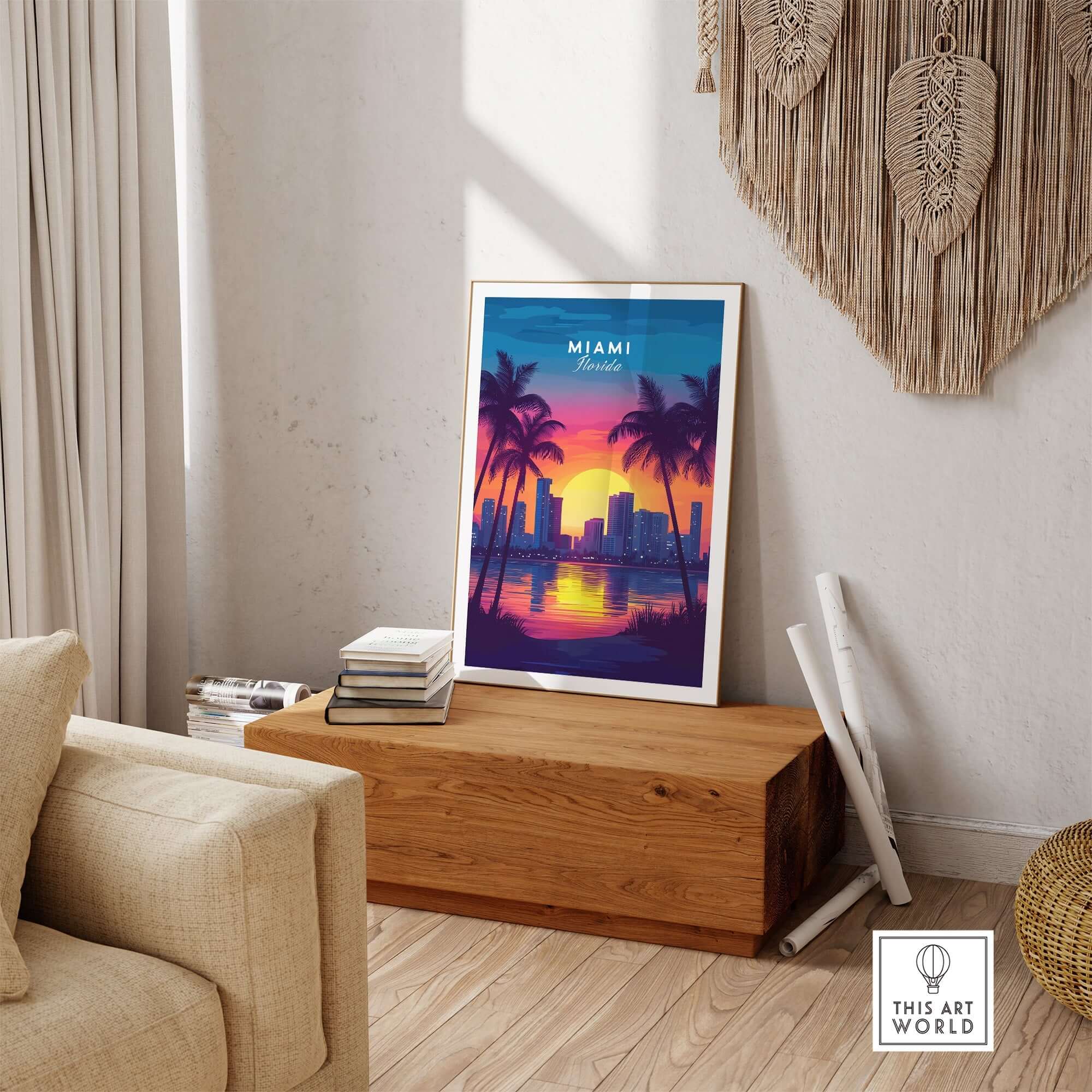 Miami Wall Art Florida showcasing a vibrant sunset over the skyline, perfect for adding warmth to any space.