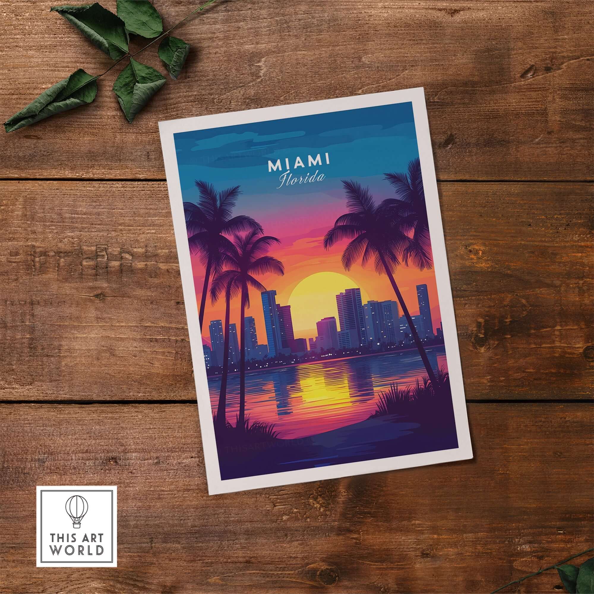Stunning Miami Wall Art Florida featuring a vibrant sunset and city skyline, perfect for home decor.