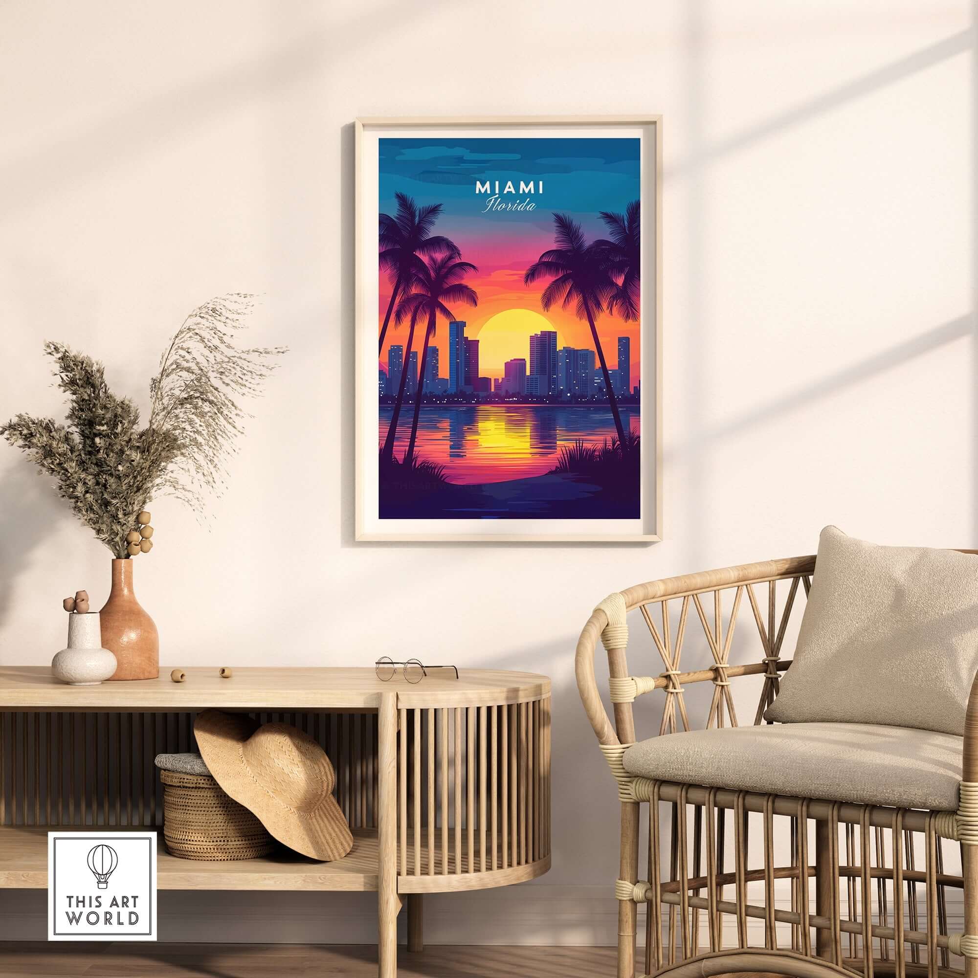 Miami Wall Art Florida featuring a vibrant sunset and palm trees, perfect for home decor.