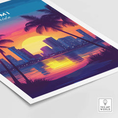 Miami Wall Art Florida vibrant sunset over city skyline with palm trees, perfect for home decor.