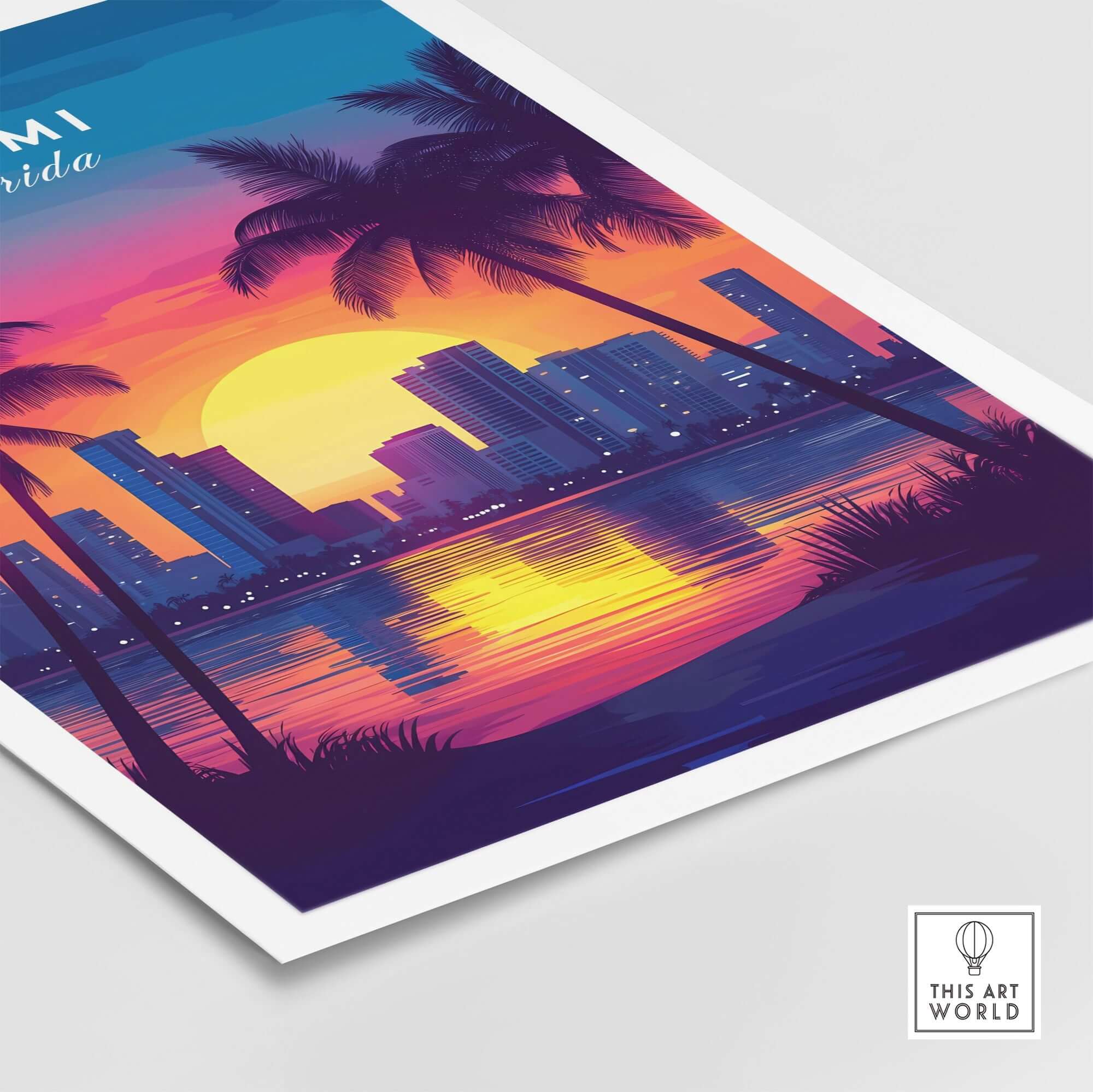 Miami Wall Art Florida vibrant sunset over city skyline with palm trees, perfect for home decor.