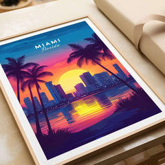 Miami Wall Art Florida featuring a stunning sunset over Miami's skyline with palm trees, perfect for home decor.