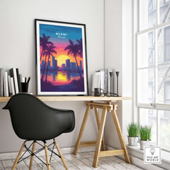 Miami Wall Art Florida framed art display in a stylish interior with a sunset view and palm trees.