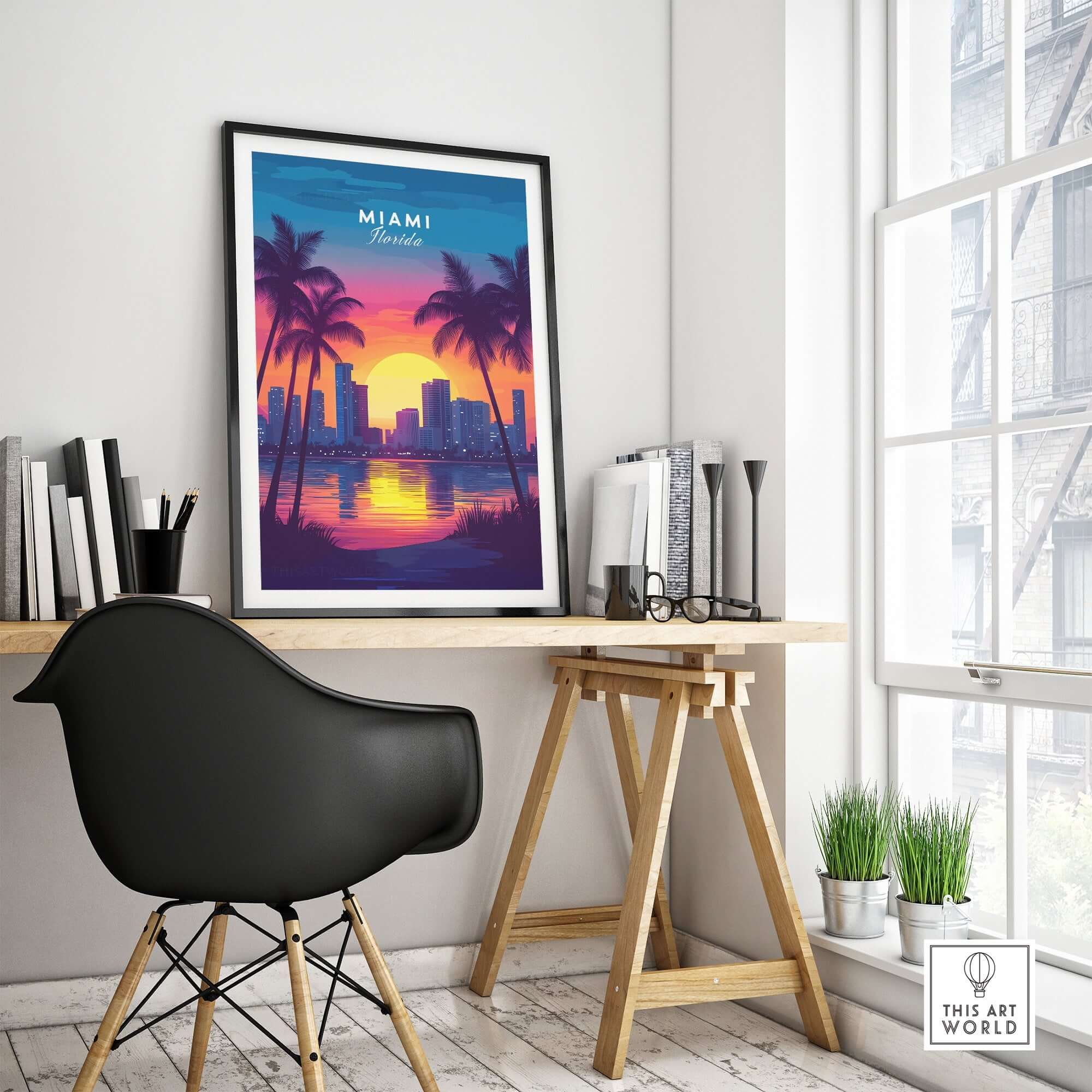 Miami Wall Art Florida framed art display in a stylish interior with a sunset view and palm trees.