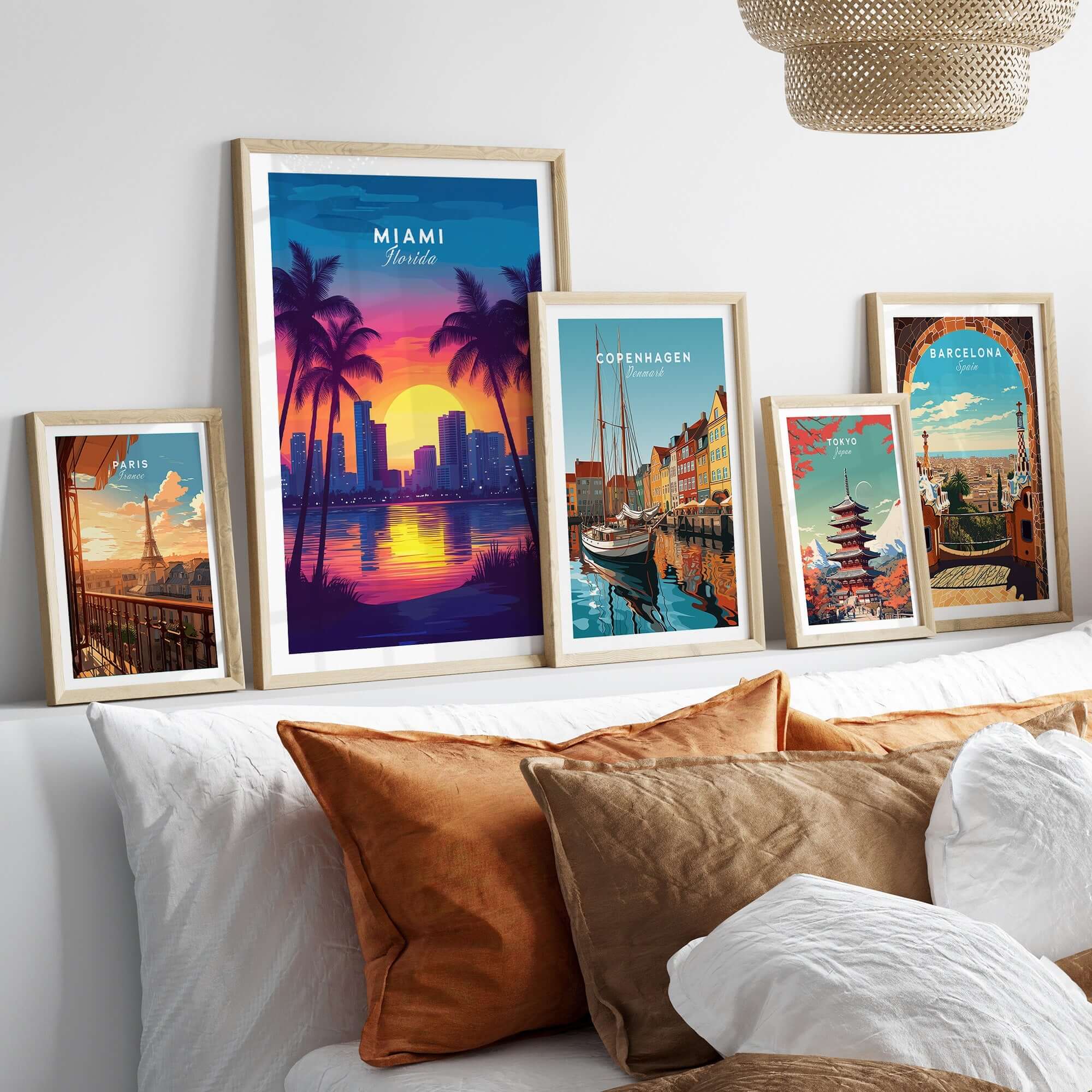 Miami Wall Art Florida showcased in a decorative setting with other travel posters on a stylish wall.