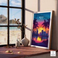 Miami Wall Art Florida featuring a vibrant sunset and city skyline displayed in a stylish interior setting.