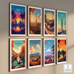 Miami Wall Art Florida collage featuring vibrant travel posters of iconic cities.