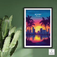 Miami Wall Art Florida featuring a vibrant sunset over the city skyline with palm trees, adding warmth to your decor.