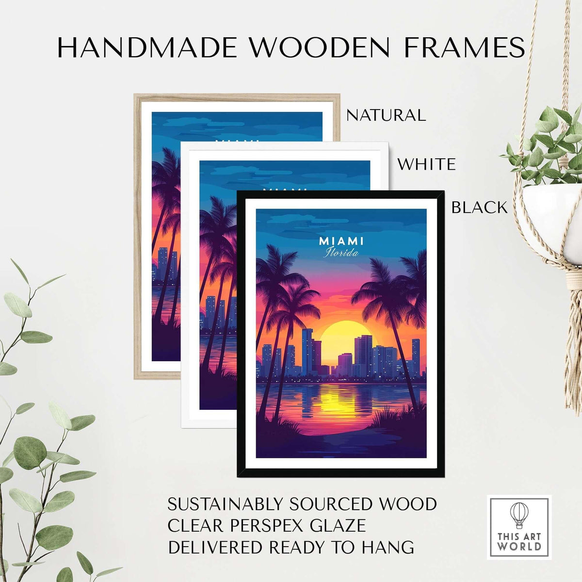 Handmade wooden frames for Miami Wall Art Florida in natural, white, and black finishes.