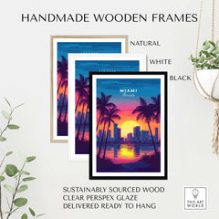 Handmade wooden frames for Miami Wall Art Florida in natural, white, and black finishes.