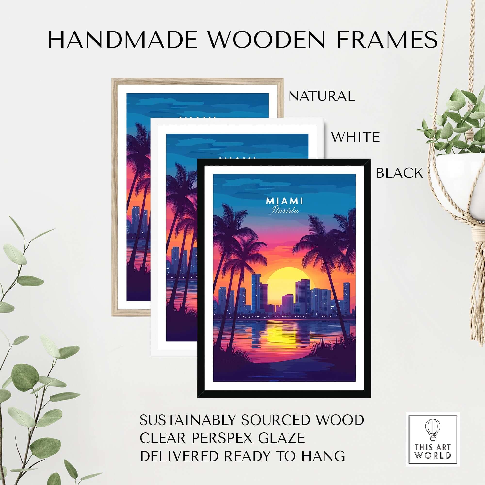 Handmade wooden frames for Miami Wall Art Florida in natural, white, and black finishes.