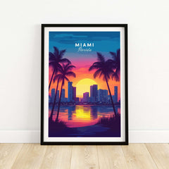 Miami Wall Art Florida featuring a vibrant sunset over palm trees and the Miami skyline.