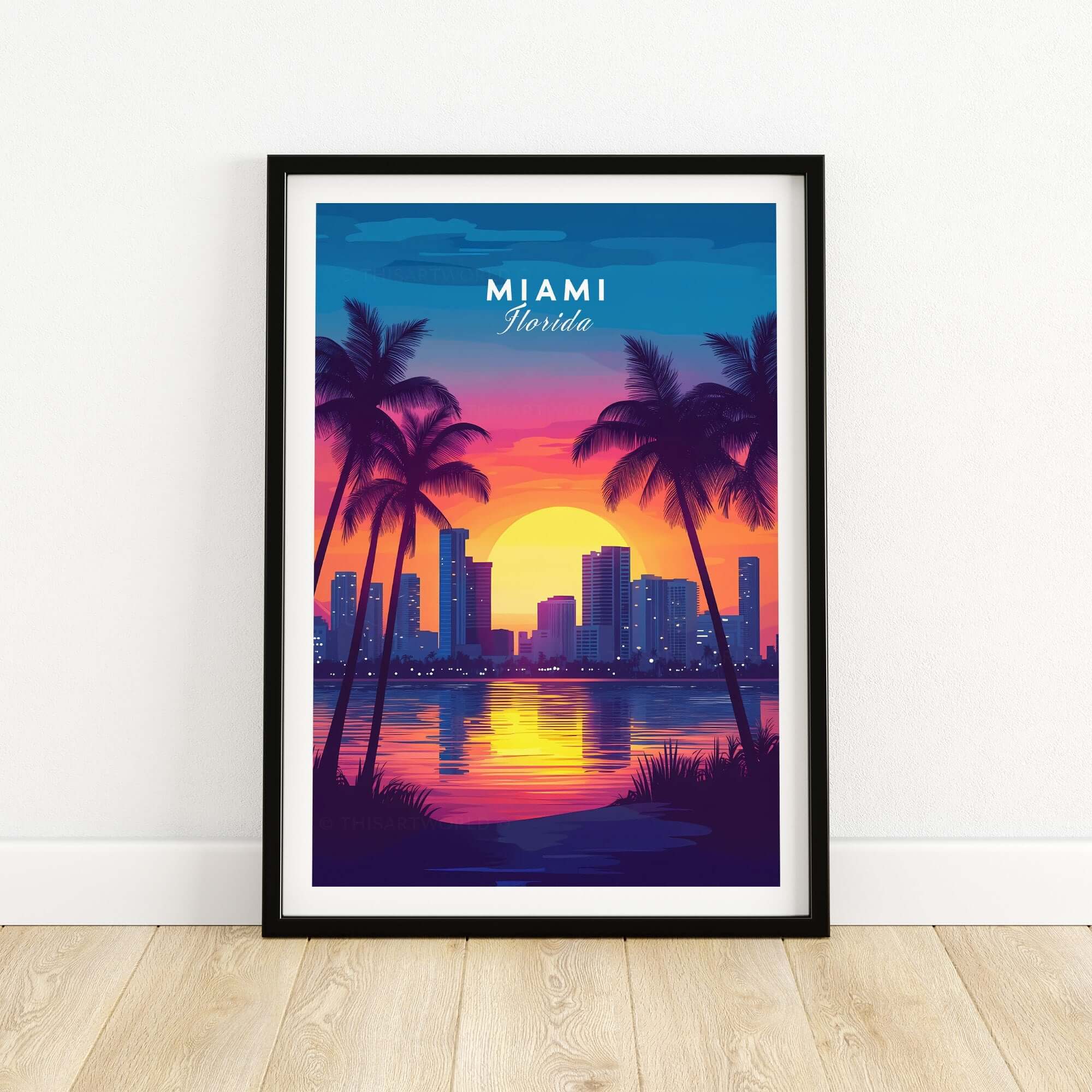 Miami Wall Art Florida featuring a vibrant sunset over palm trees and the Miami skyline.