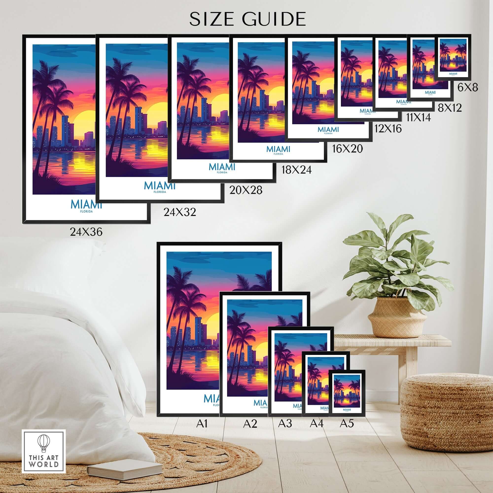 Miami Wall Art Print size guide showcasing various dimensions and vibrant tropical design.