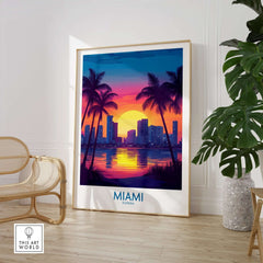 Miami Wall Art Print featuring a vibrant sunset and palm trees, perfect for adding color and tropical vibes to your home.