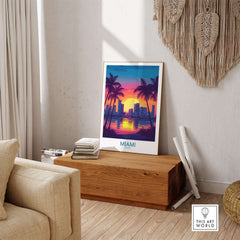 Miami Wall Art Print featuring vibrant sunset with palm trees and city skyline in a stylish interior setting.