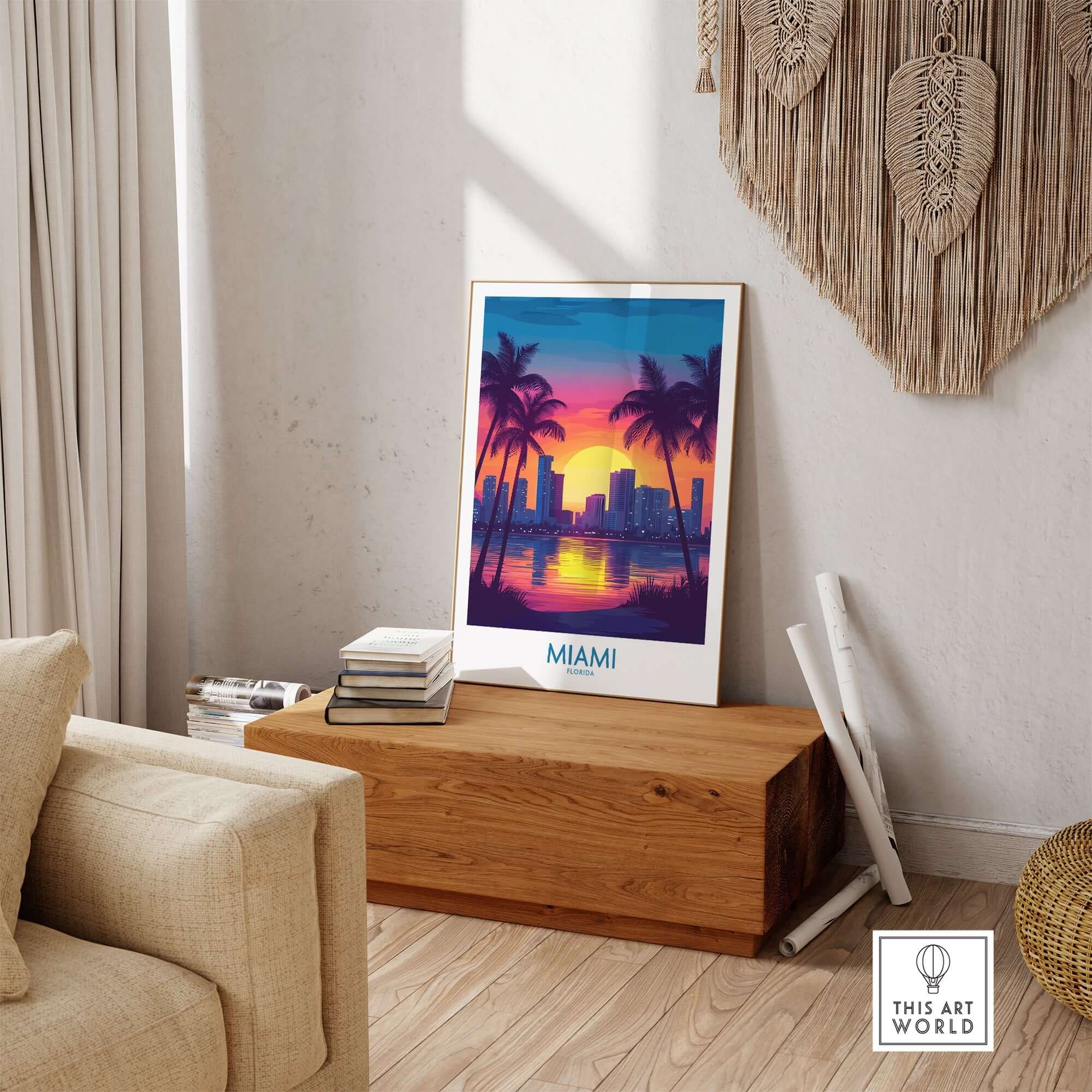 Miami Wall Art Print featuring vibrant sunset with palm trees and city skyline in a stylish interior setting.