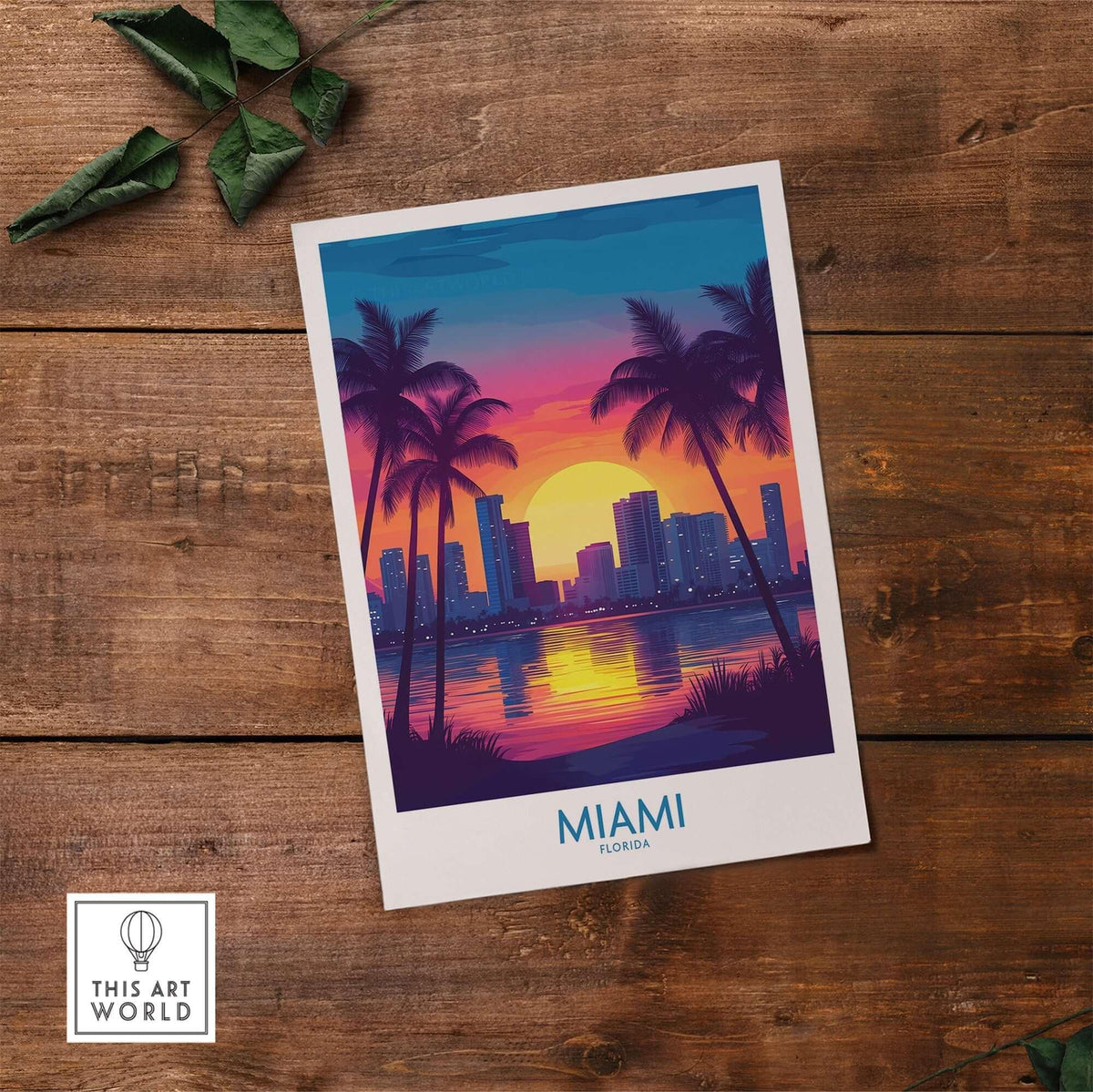 Miami Wall Art Print featuring a vibrant sunset over Miami's skyline with palm trees.