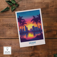 Miami Wall Art Print featuring a vibrant sunset over Miami's skyline with palm trees.