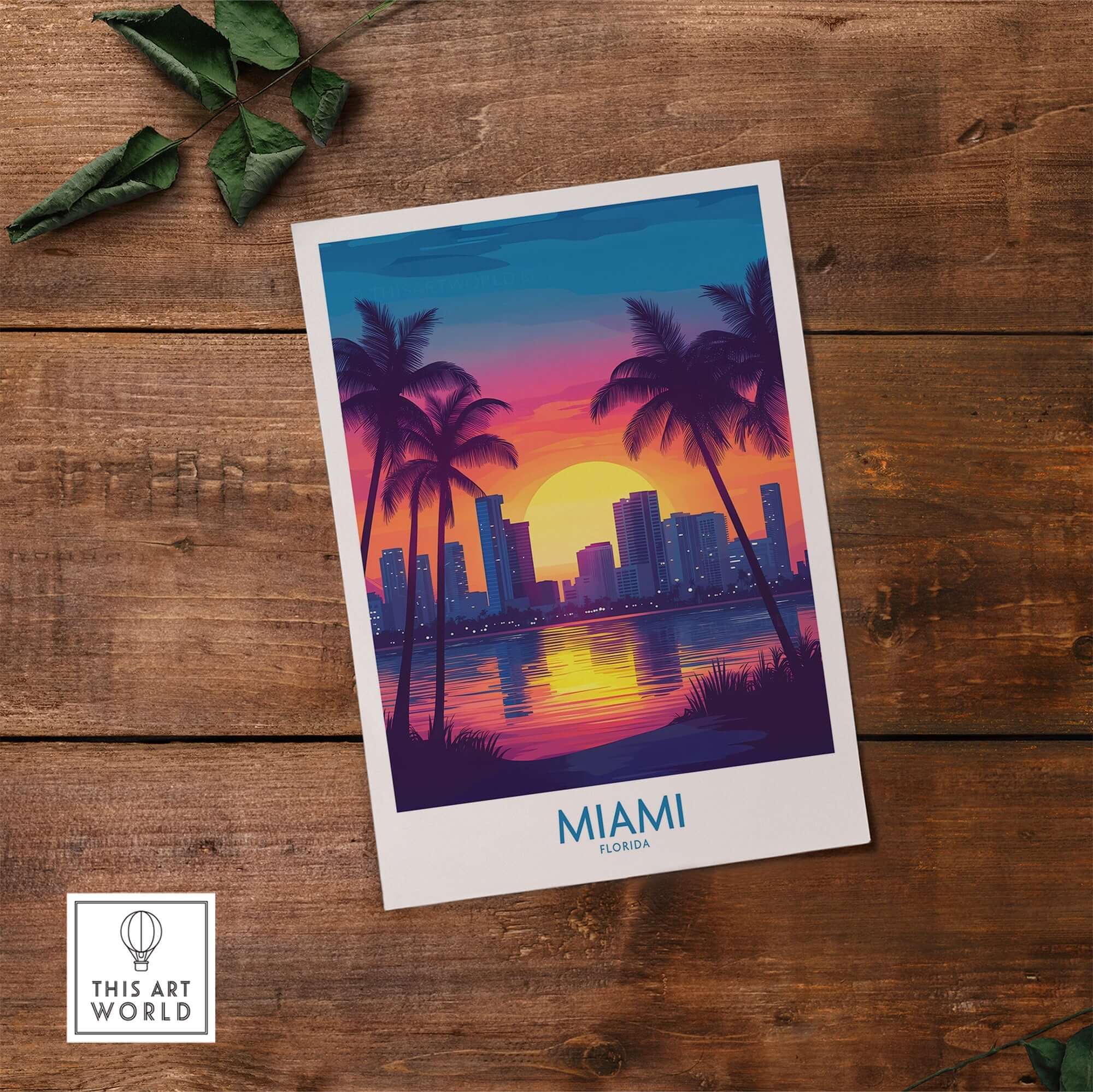 Miami Wall Art Print featuring a vibrant sunset over Miami's skyline with palm trees.