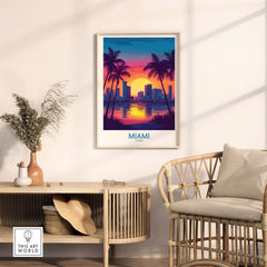 Miami Wall Art Print showcasing a vibrant sunset over the skyline with palm trees, perfect for home decor.
