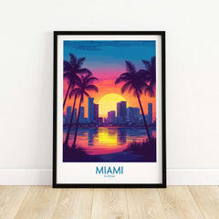 Miami Wall Art Print featuring a vibrant sunset over Miami, Florida with palm trees and city skyline.
