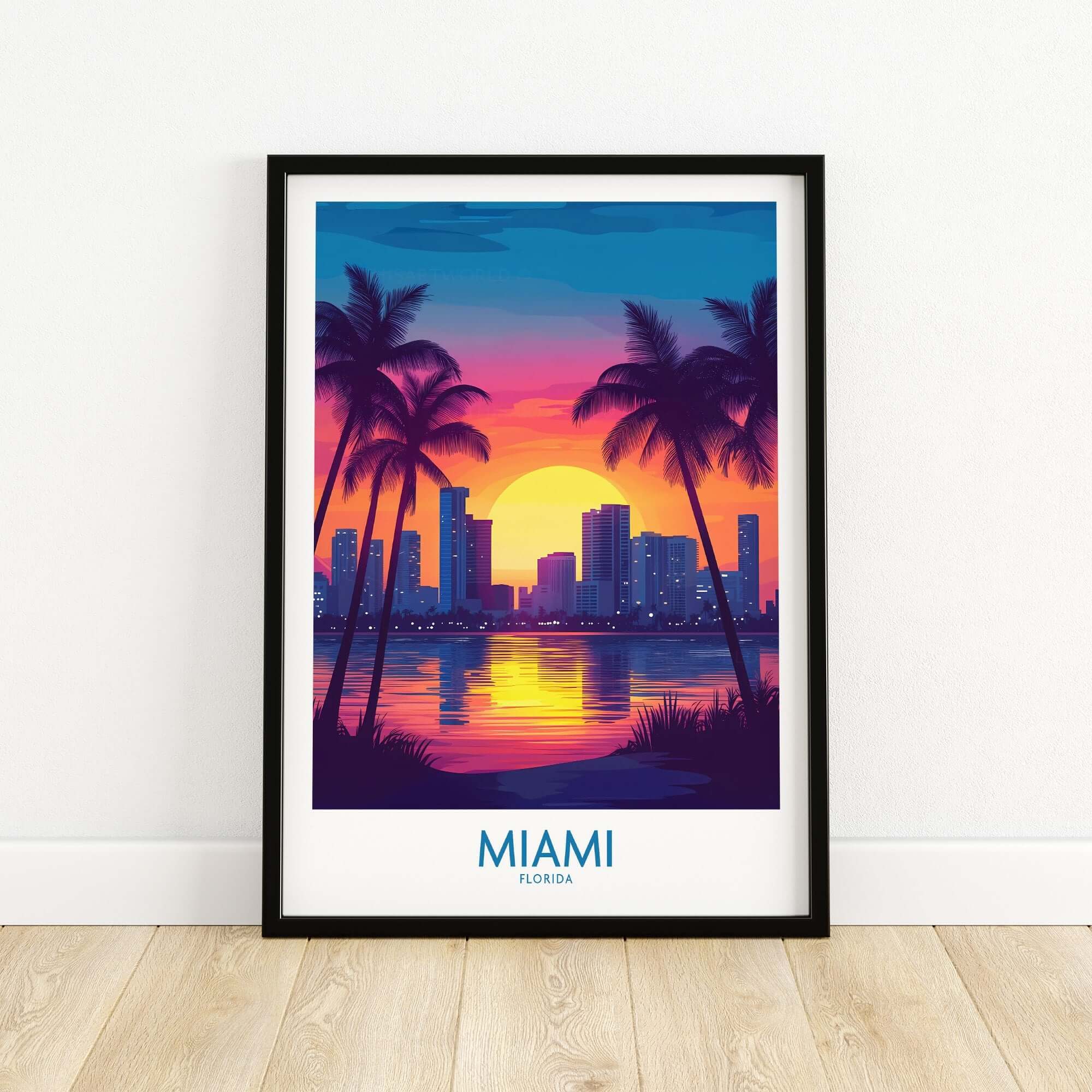 Miami Wall Art Print featuring a vibrant sunset over Miami, Florida with palm trees and city skyline.